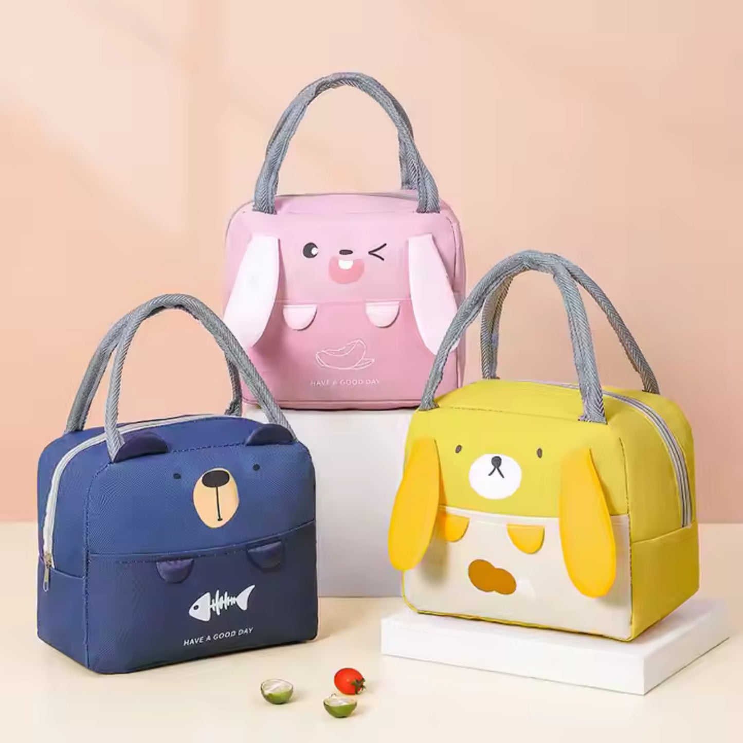 Cute Bear, Bunny and Dog Lunch Bag on White Table