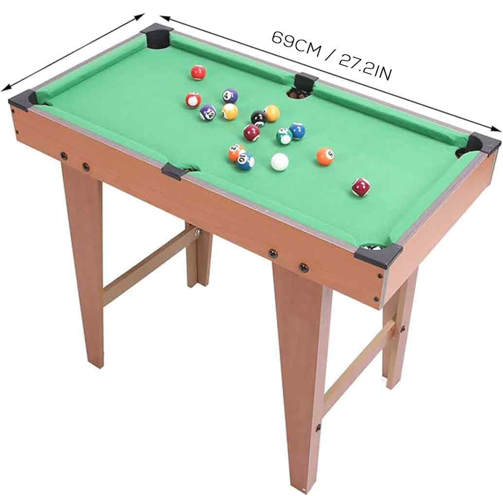 Pool table dimensions labeled clearly on a product image