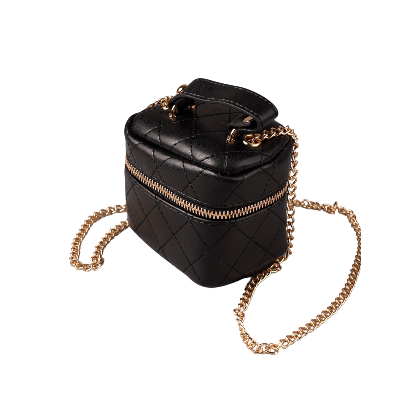 Mini vanity bag with quilted design and gold zipper