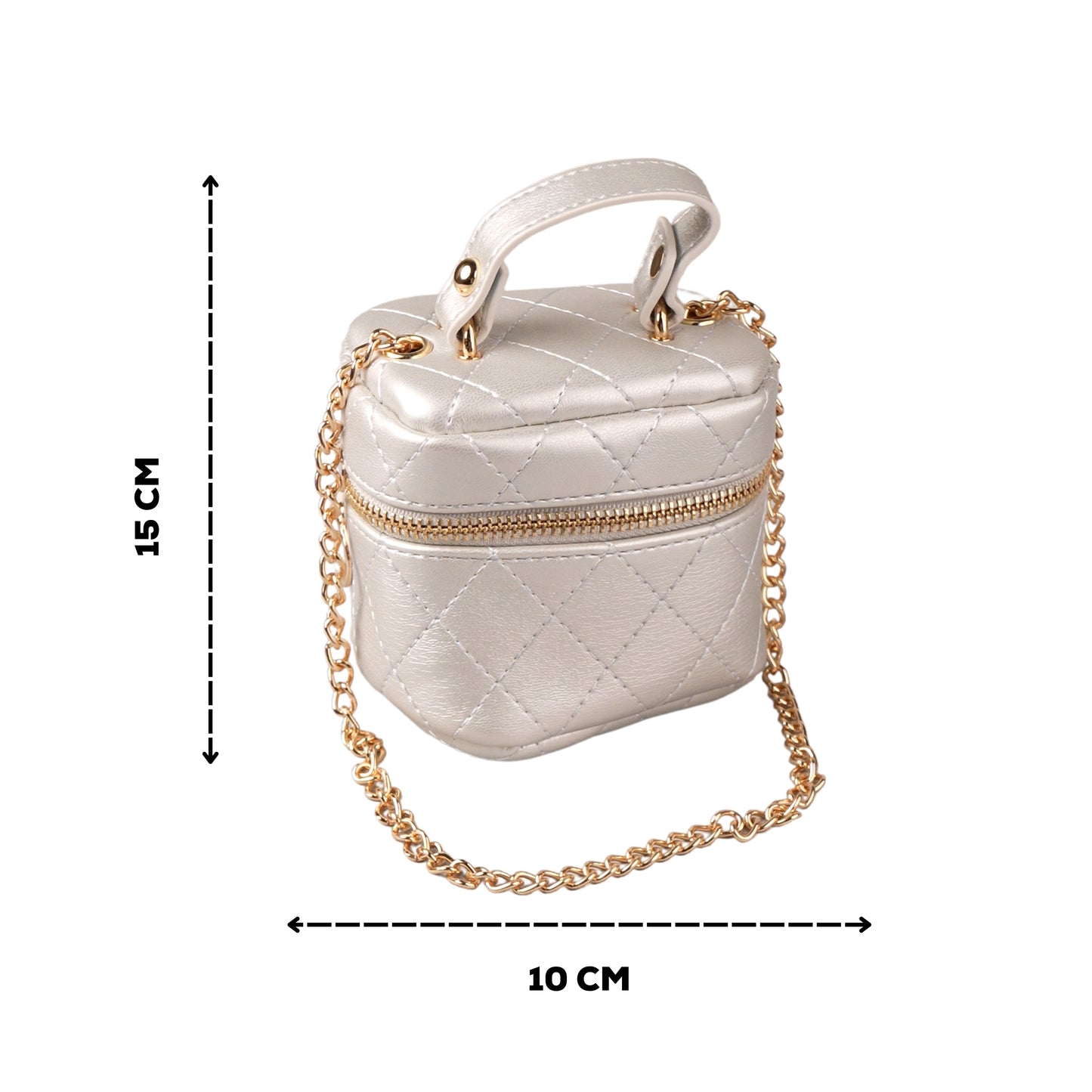 Mini vanity bag with quilted design and gold zipper