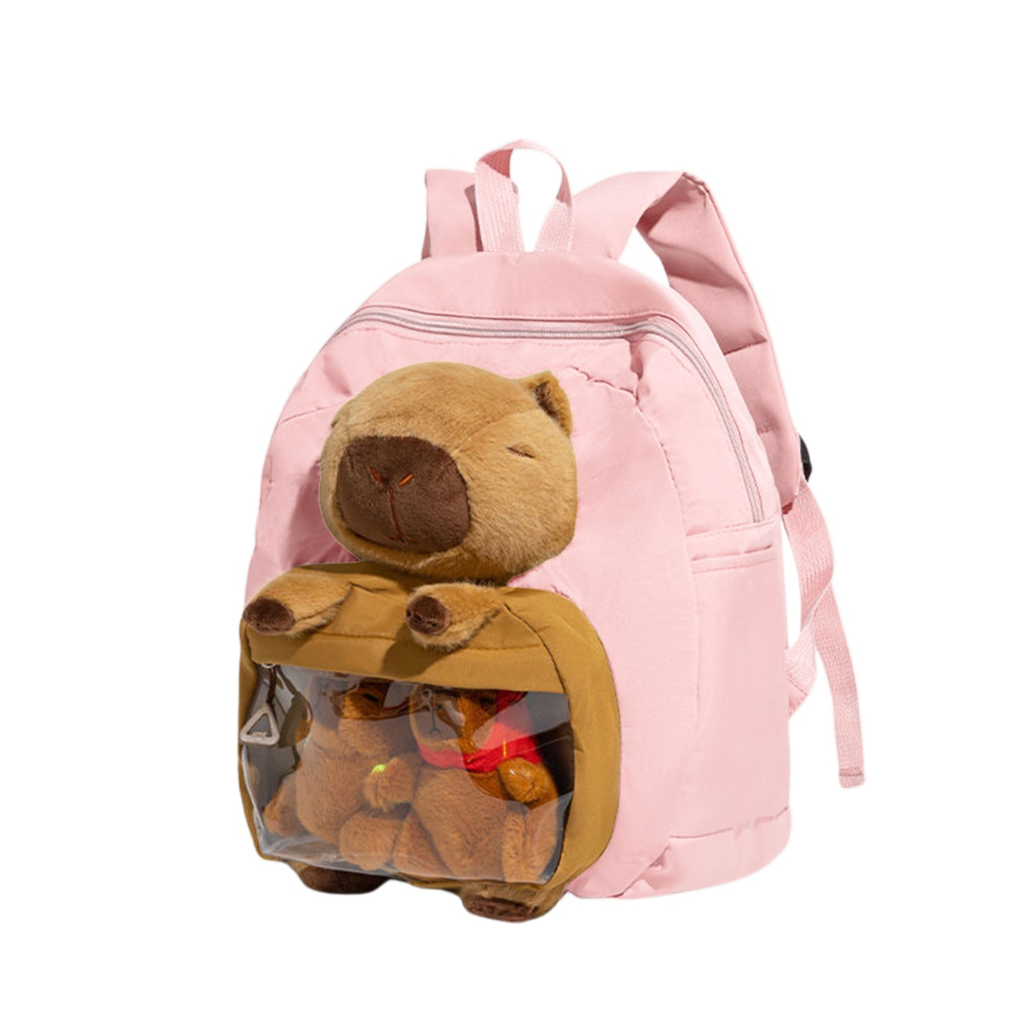 Front view showing accessories inside of pink Cuddly Buddy Backpack