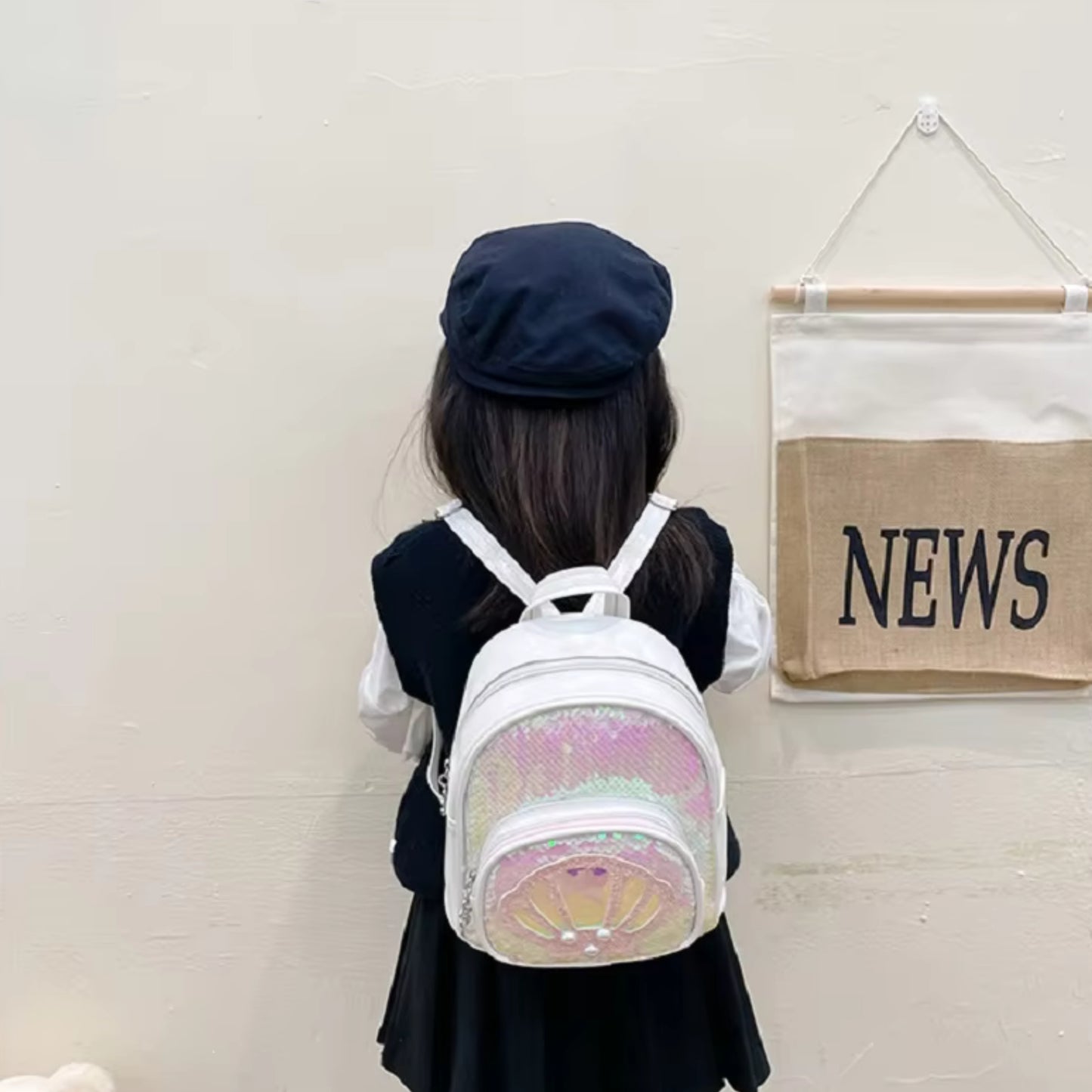 Cute mini backpack for girls with glitter and seashell design