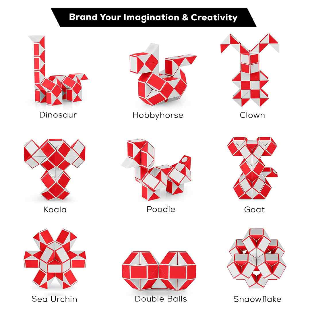 Nine different shape variations made using the infinity twist puzzle side by side