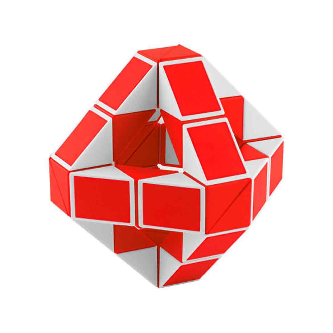 Infinity twist puzzle with colorful pieces displayed on a white background