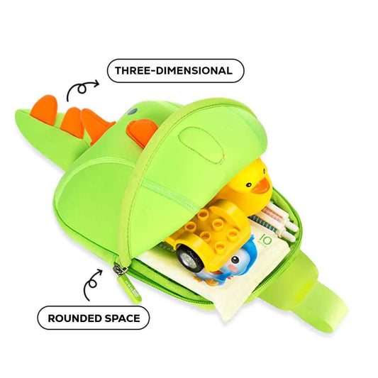 Dinosaur-themed 3D sling bag with green design and orange spikes on white background
