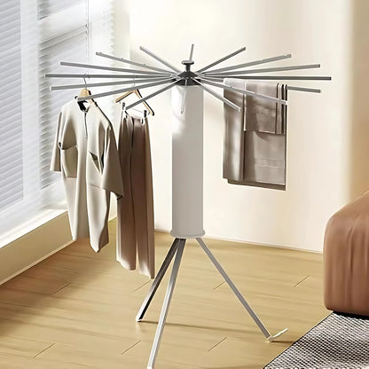 360° rotating stainless steel clothes drying rack with foldable arms with clothes in that