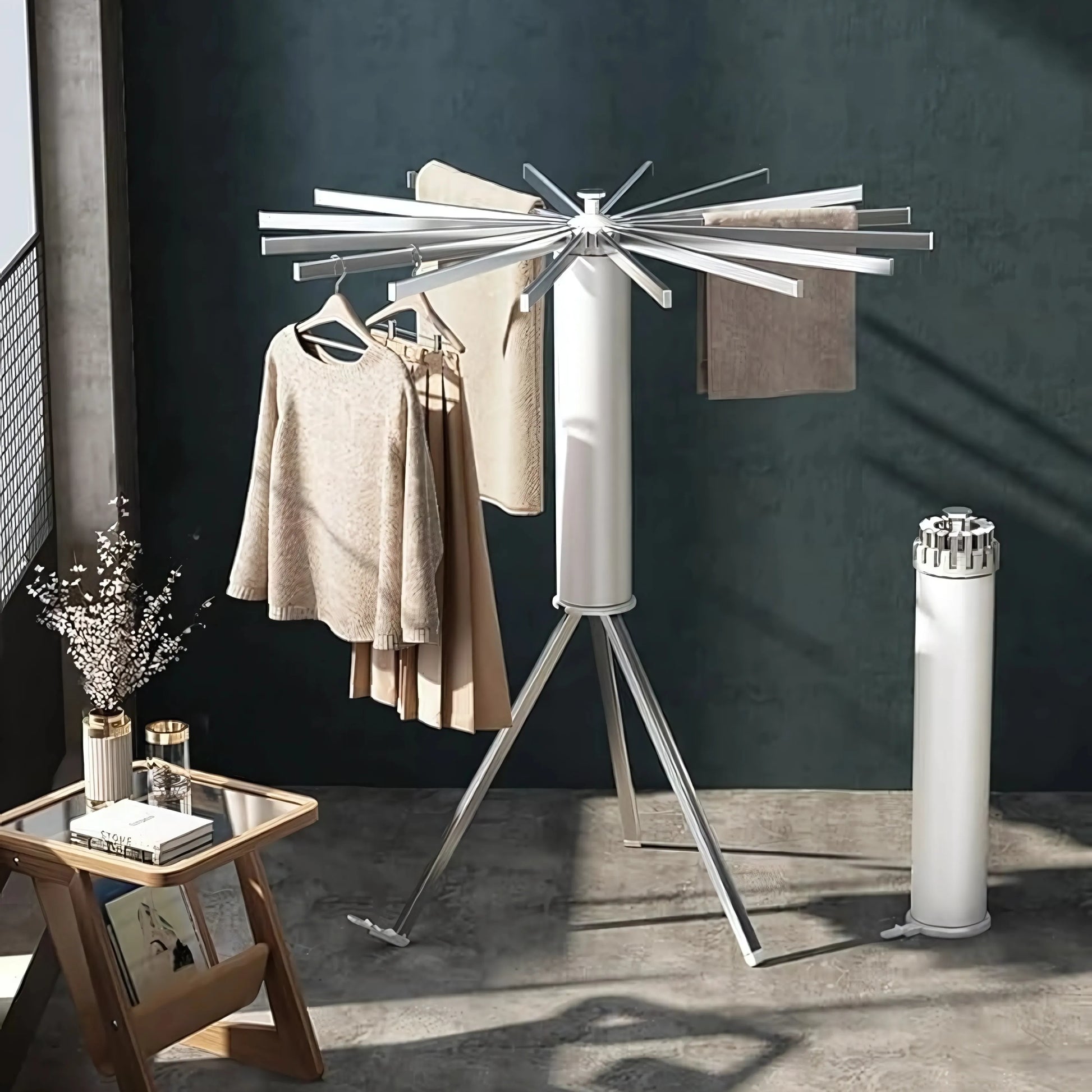 360° rotating stainless steel clothes drying rack with foldable arms