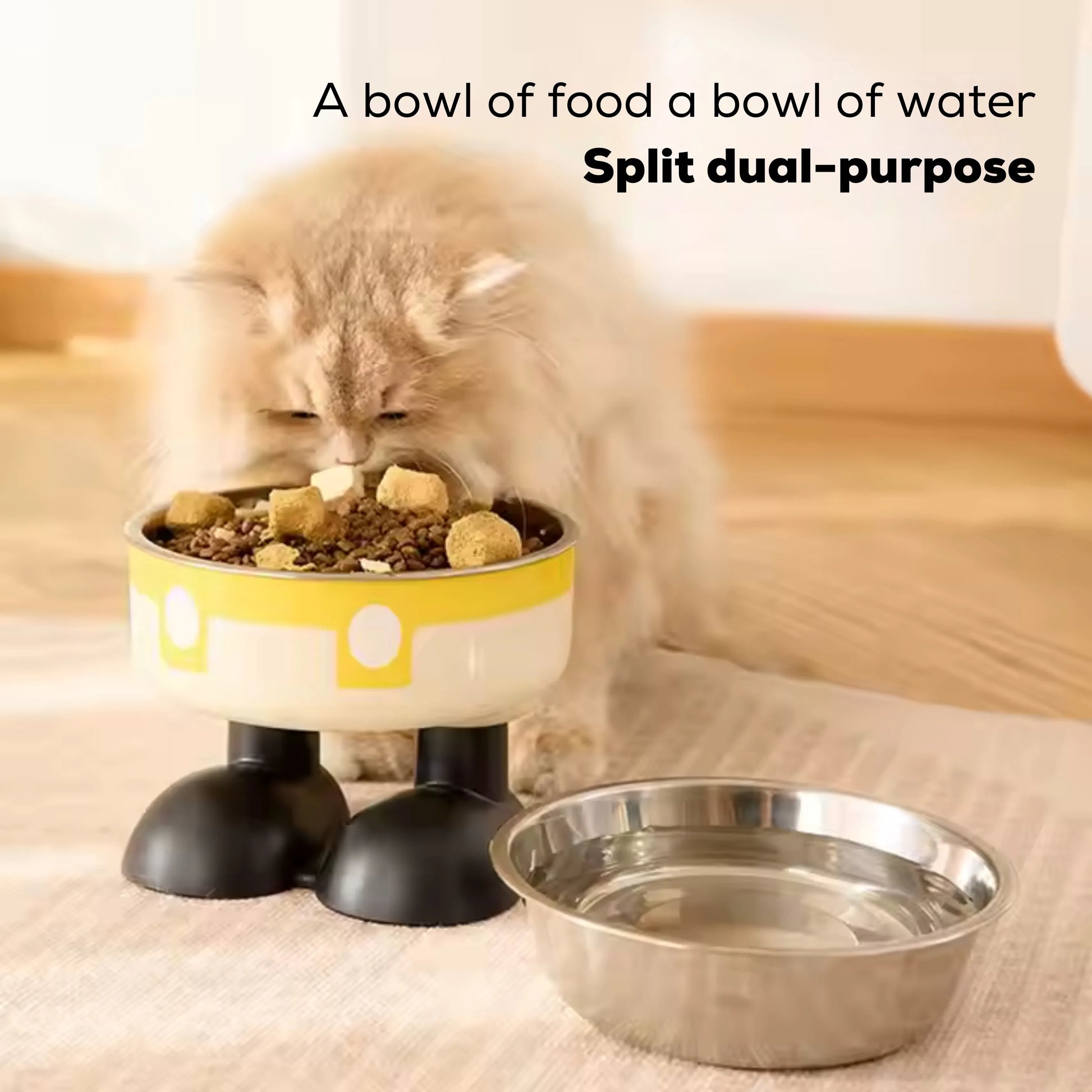 Side angle of elevated pet feeding yellow bowl 