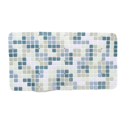 Blue-green bathroom mat on flat surface, front view.