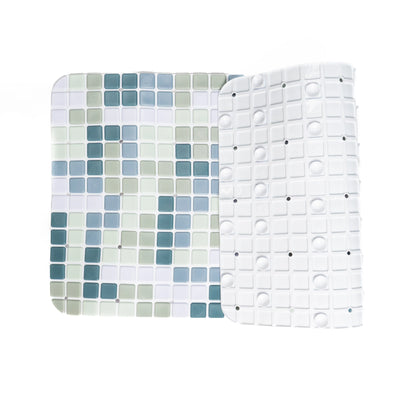 Blue-green bathroom mat slightly folded, showing back side.