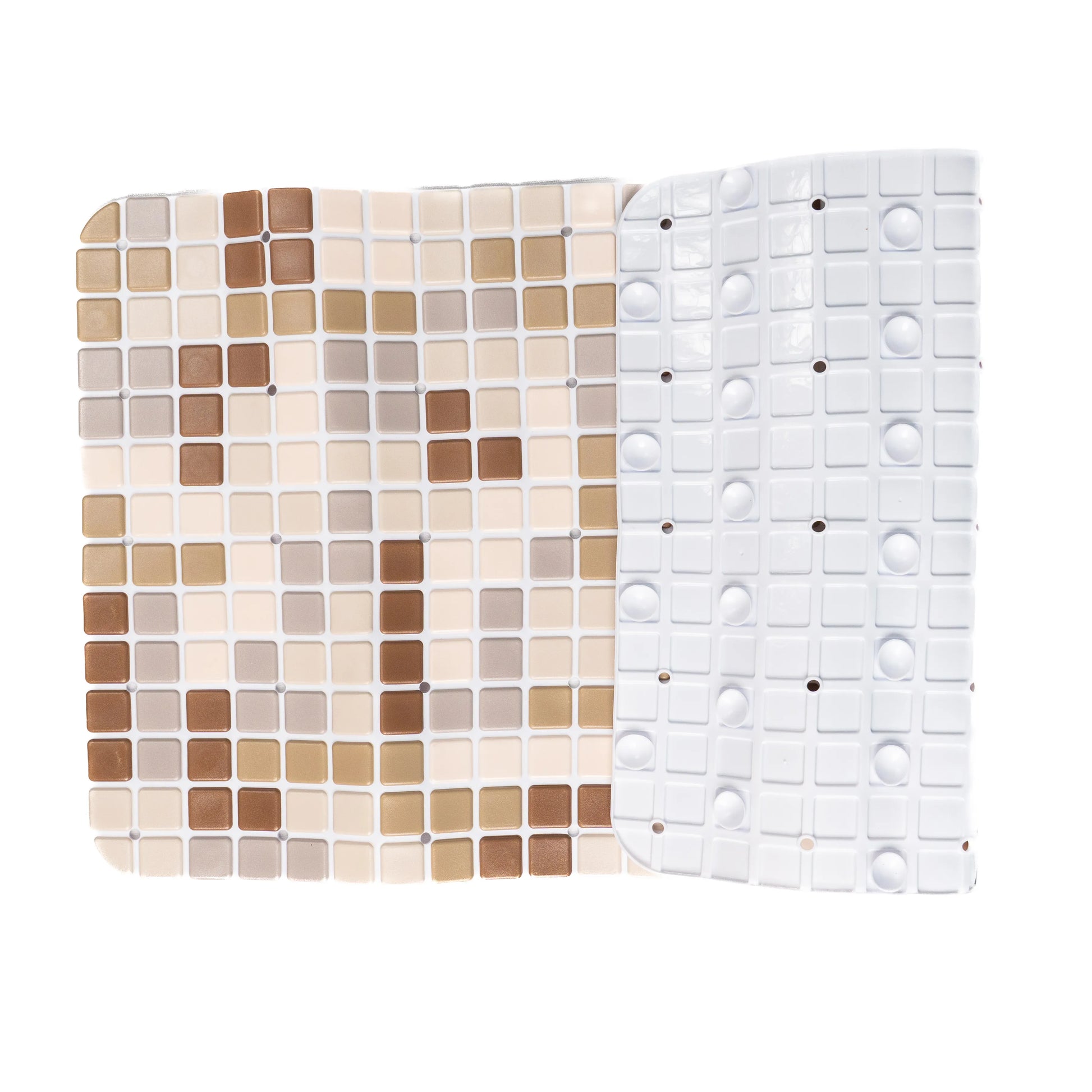 Brown-ivory bathroom mat slightly folded, showing back side