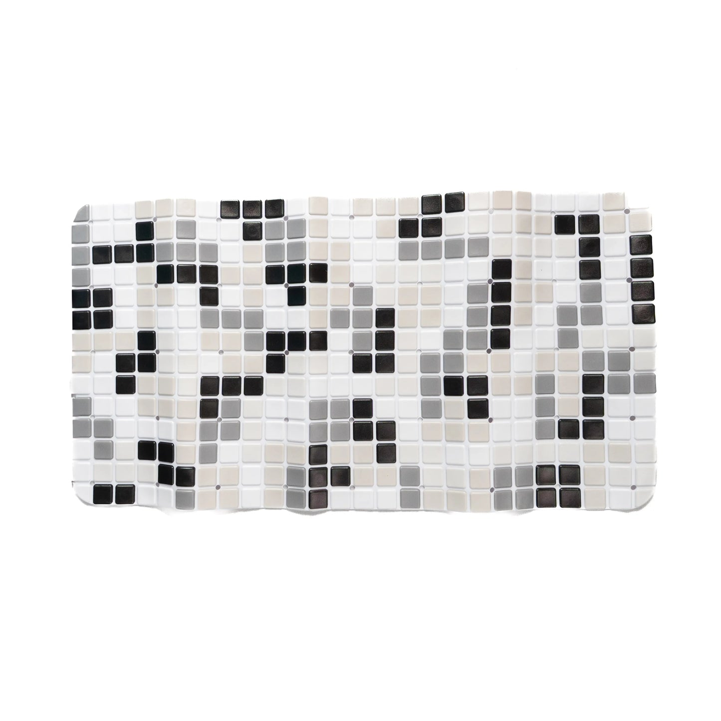 Black-white bathroom mat on flat surface, front view.