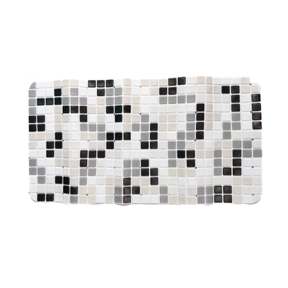 Black-white bathroom mat on flat surface, front view.