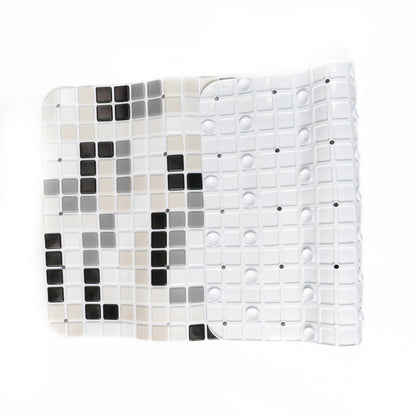Black-white bathroom mat slightly folded, showing back side.