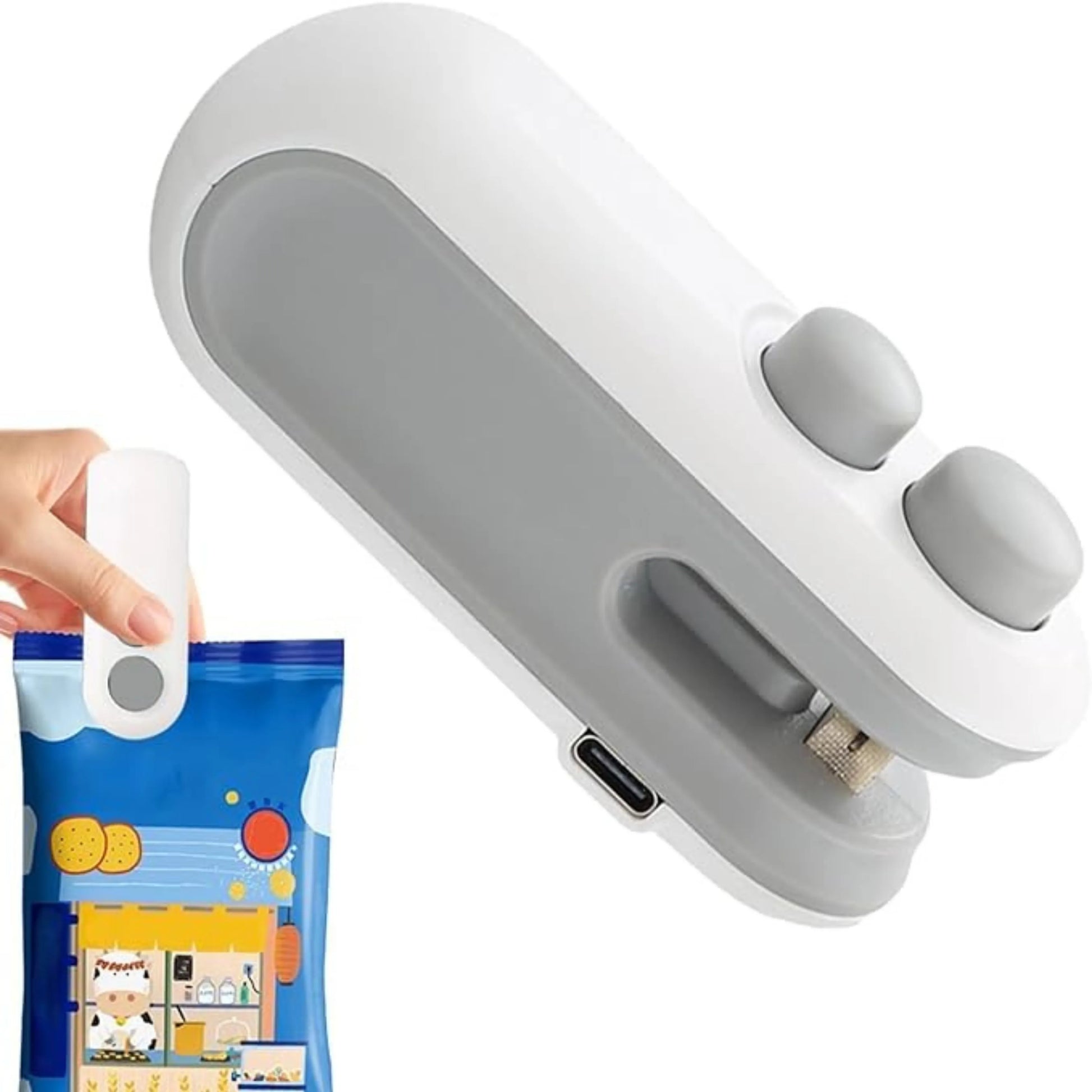 Using mini bag sealer to reseal snack packaging
2-in-1 sealing and cutting tool