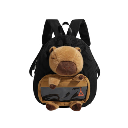Front view showing accessories inside of black Cuddly Buddy Backpack