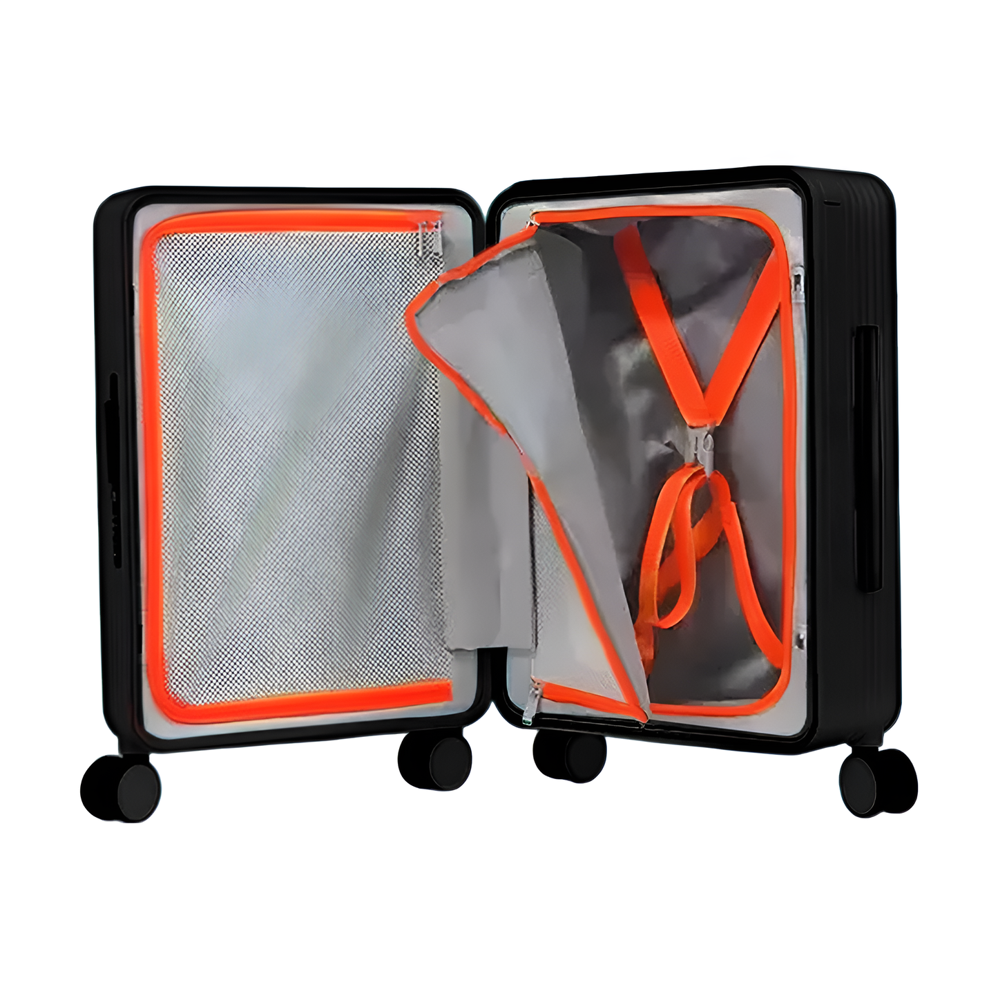 Suitcase opened, showing interior compartments with zip opened.