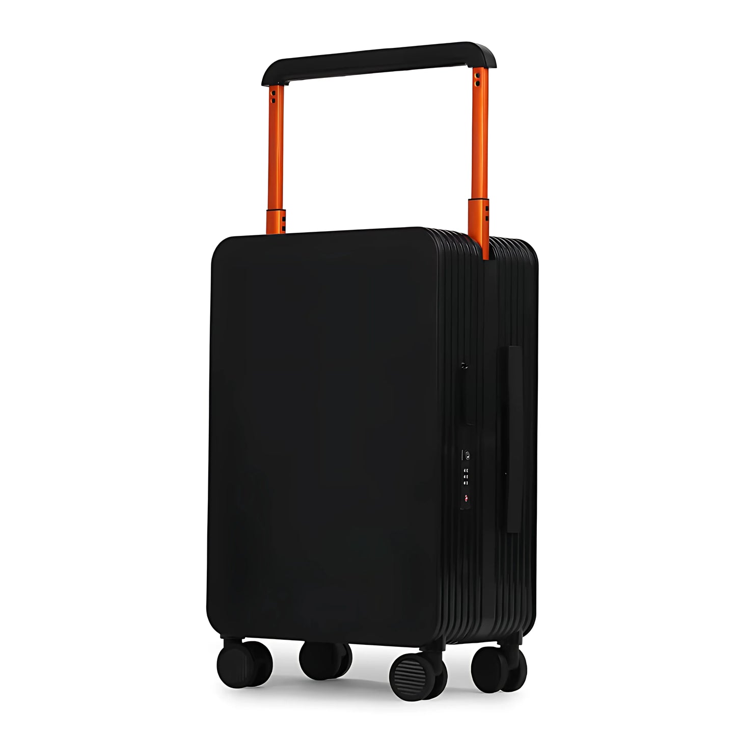 Suitcase featuring black color, black handle top, and smooth wheels.