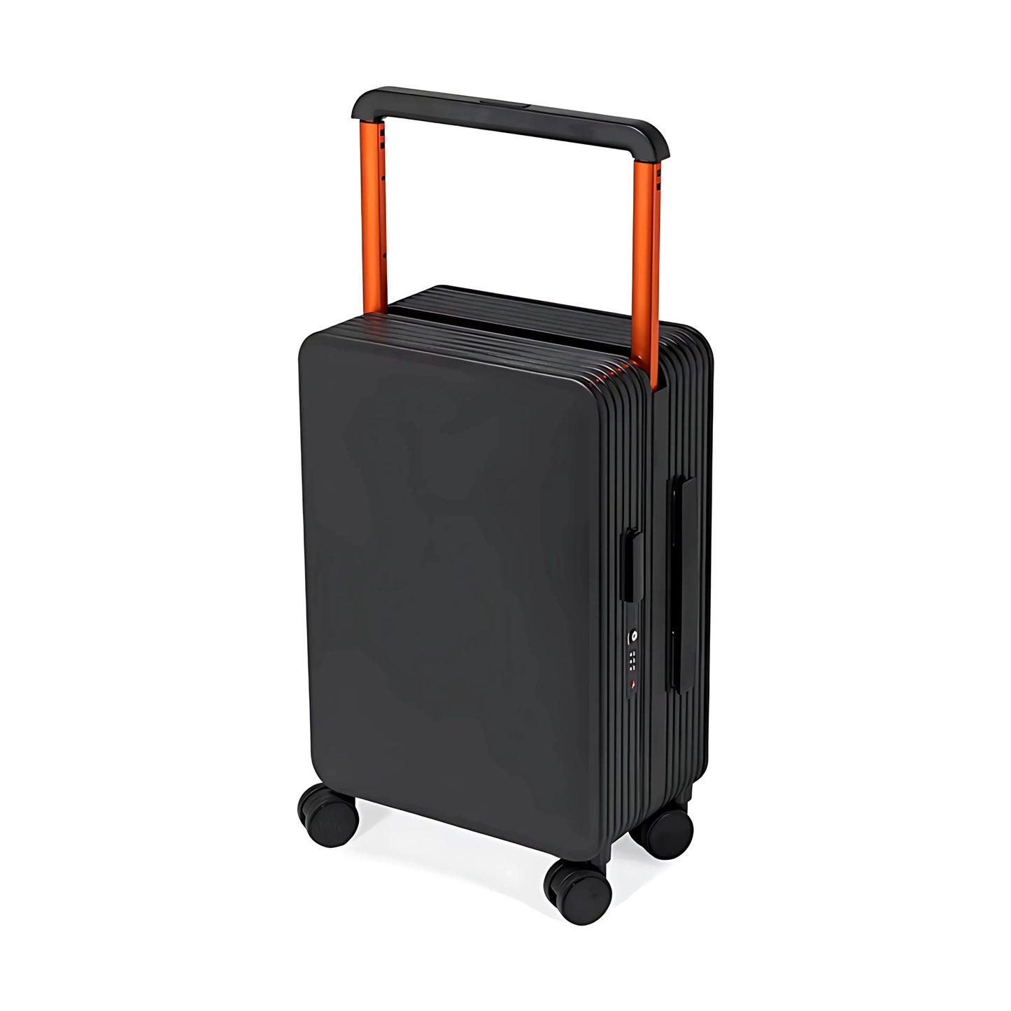 Suitcase featuring black color, black PVC top handle, and smooth wheels.