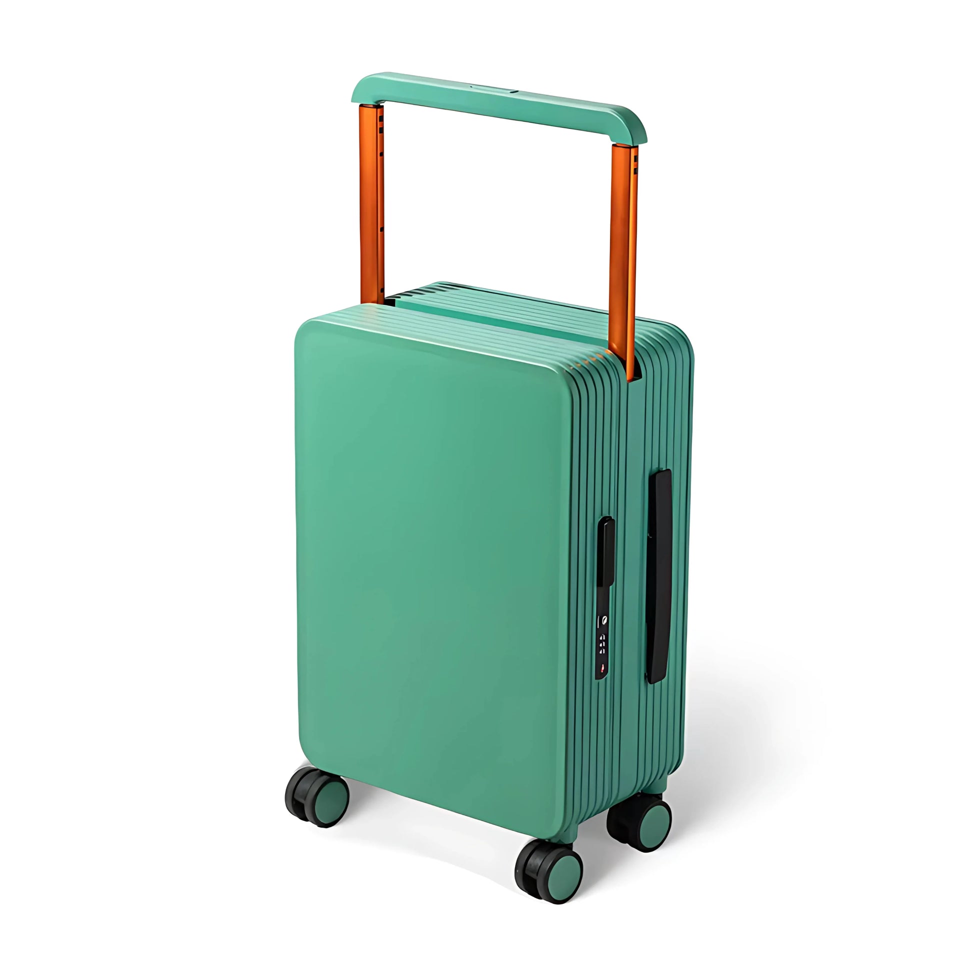 Suitcase featuring dark greenish-teal color, PVC handle, and smooth wheels.