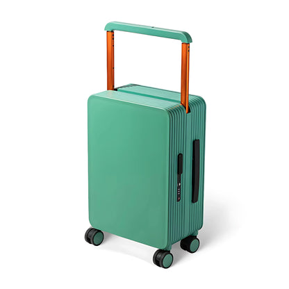 Suitcase featuring dark greenish-teal color, PVC handle, and smooth wheels.