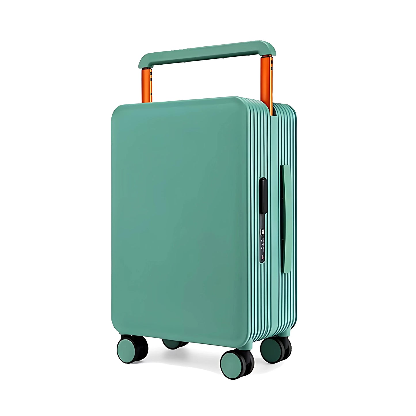 Side view of Suitcase featuring dark greenish-teal color, PVC handle, and smooth wheels.