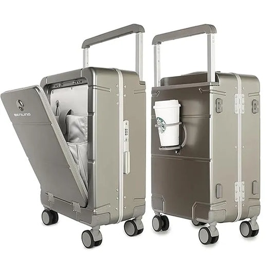 Modern grey cabin trolley bag with cup holders