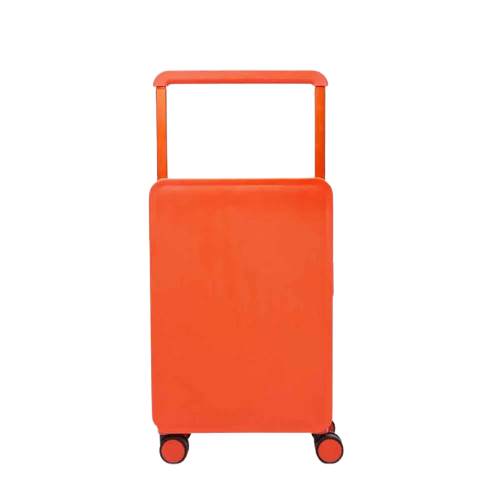 Suitcase featuring orange color, PVC handle, and smooth wheels.