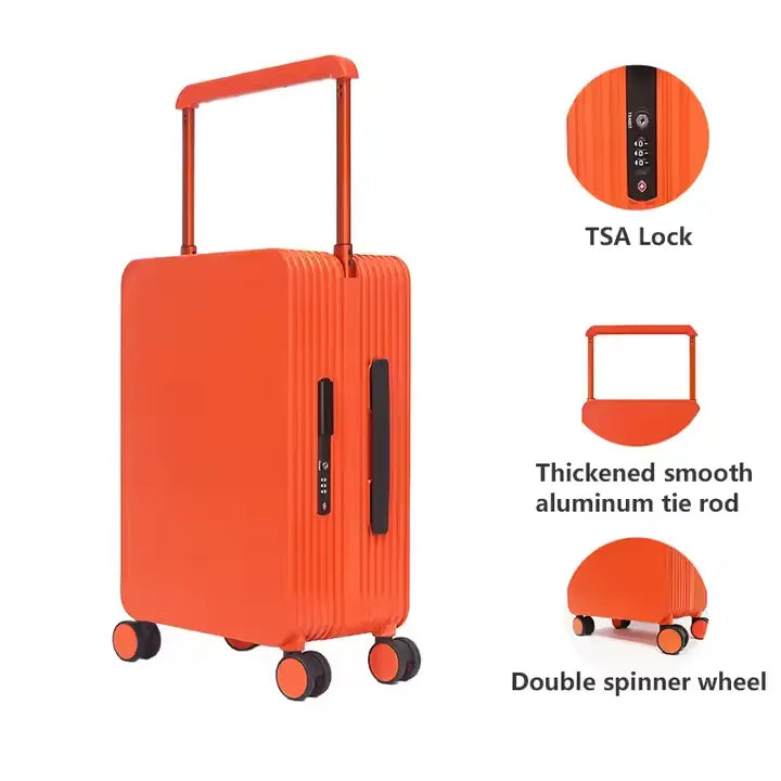 Orange cabin trolley highlighting TSA lock, thick smooth aluminum tie rod, and double spinner wheels.