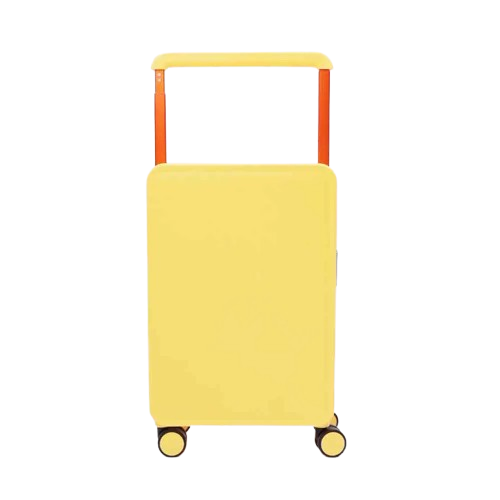 Yellow cabin trolley suitcase with built-in USB charging port, and smooth wheels.