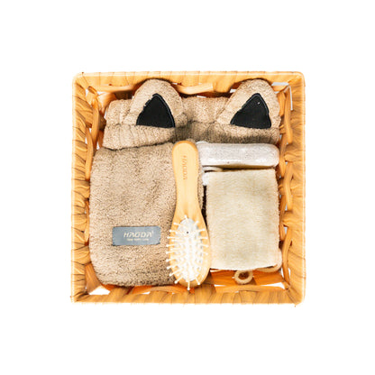 Flat layout of combo set with natural loofah and pumice