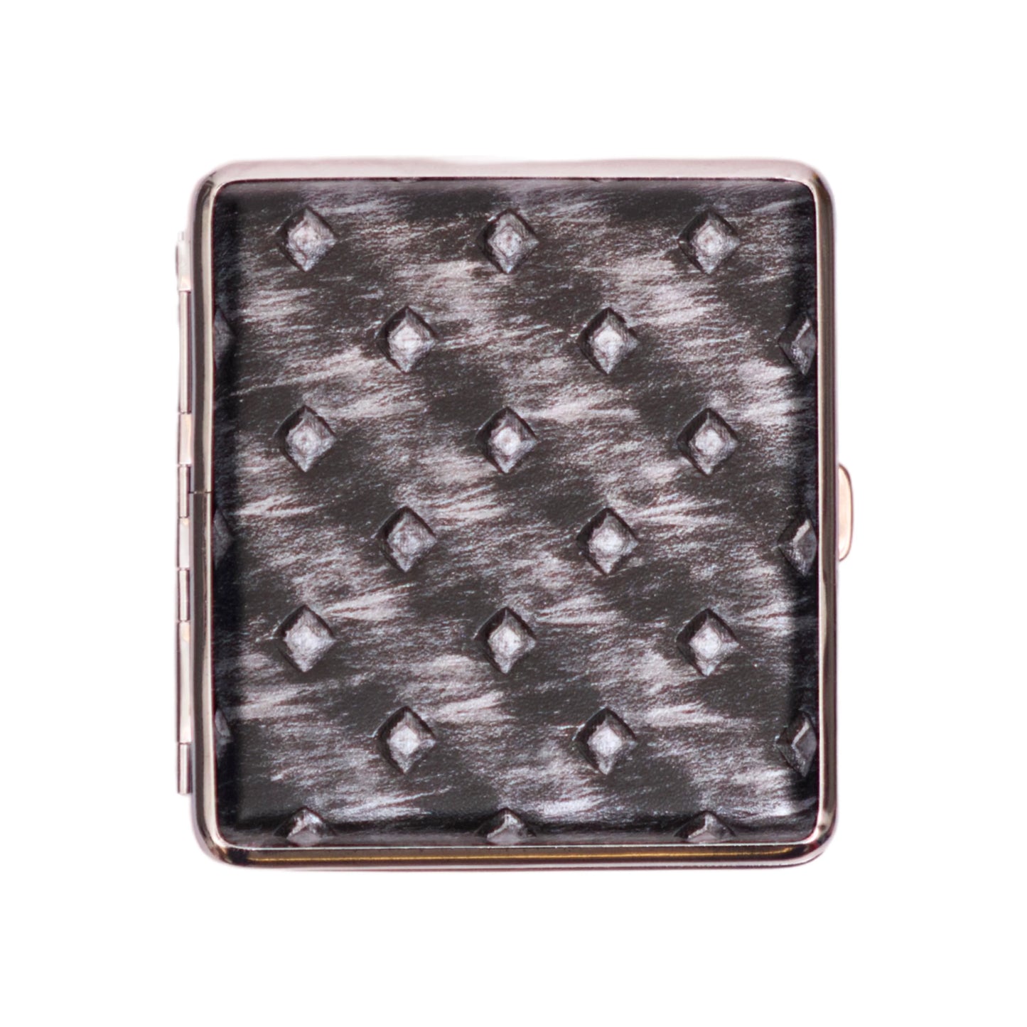 Square cigarette case with metallic silver diamond pattern.