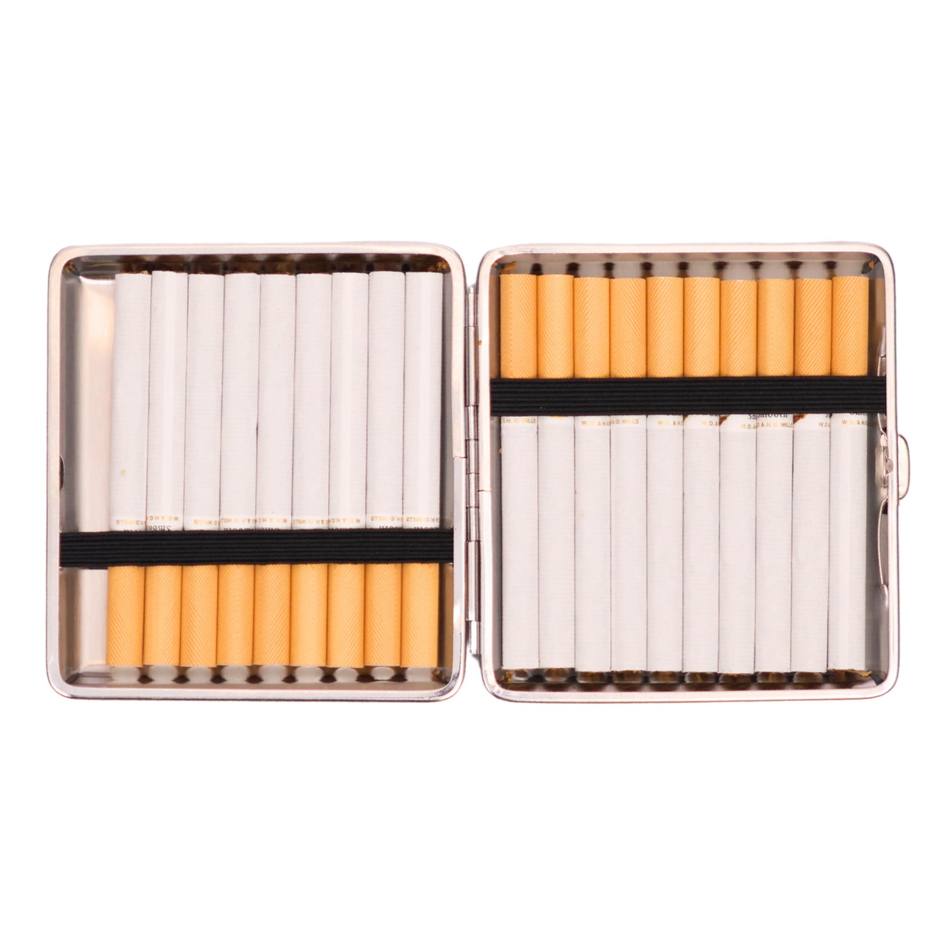 Open cigarette case holding two rows of cigarettes secured by elastic bands.