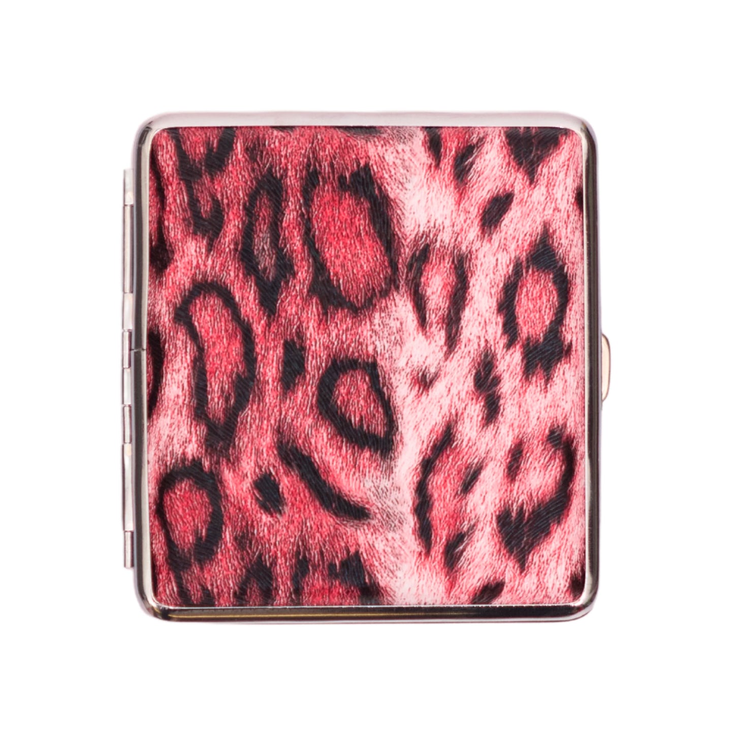Square cigarette case with pink and black leopard print design.