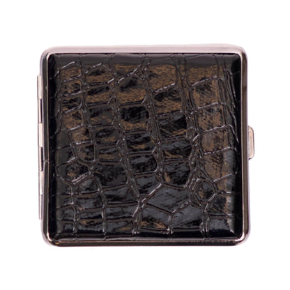 Square black case with crocodile pattern and metallic frame.