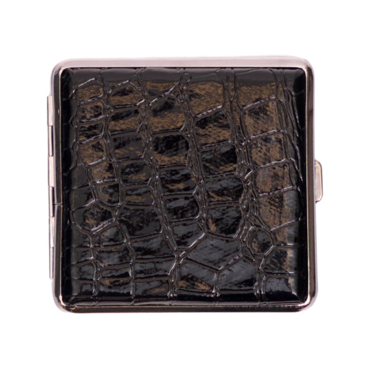 Square black case with crocodile pattern and metallic frame.