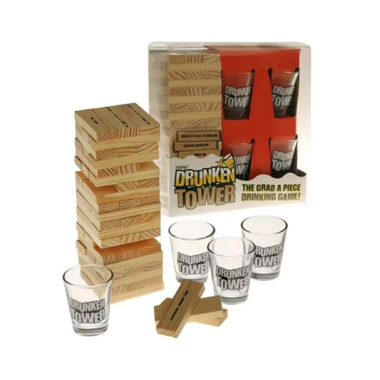 Front view of packed and unpacked drunken tower