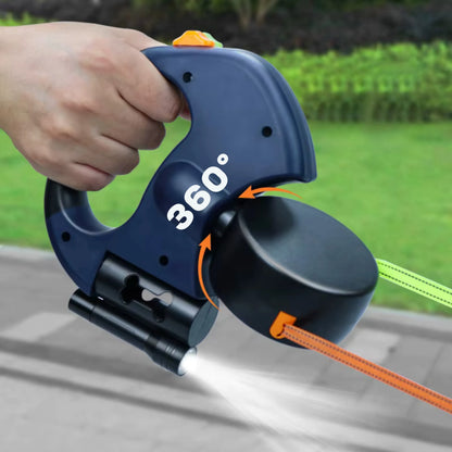 Retractable dog leash for two dogs with 360-degree tangle-free design