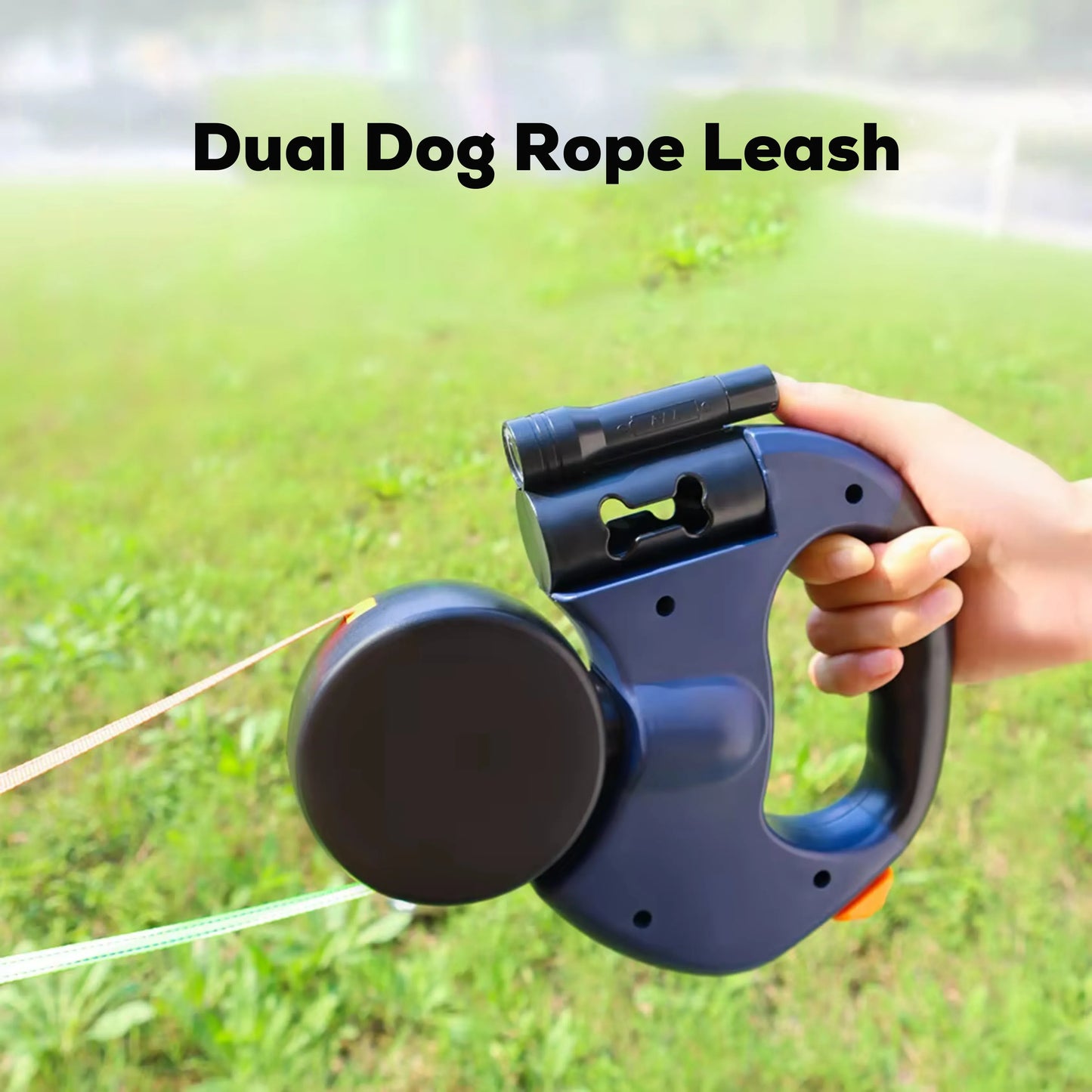 Hand holding retractable leash to control two dogs separately