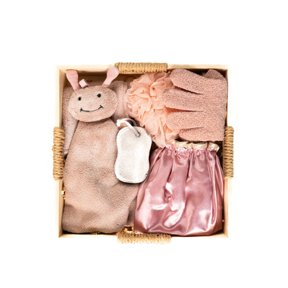 Luxe Bloom Hand Glove Bath Combo in peach with matching gloves and spa essentials