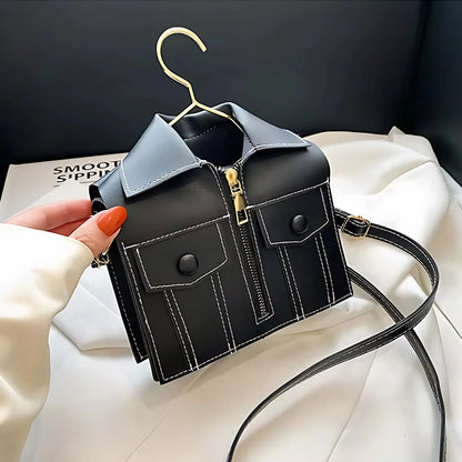 Side view of black Luxury Jacket Style Handbag with tailored pocket details