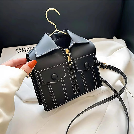 Side view of black Luxury Jacket Style Handbag with tailored pocket details