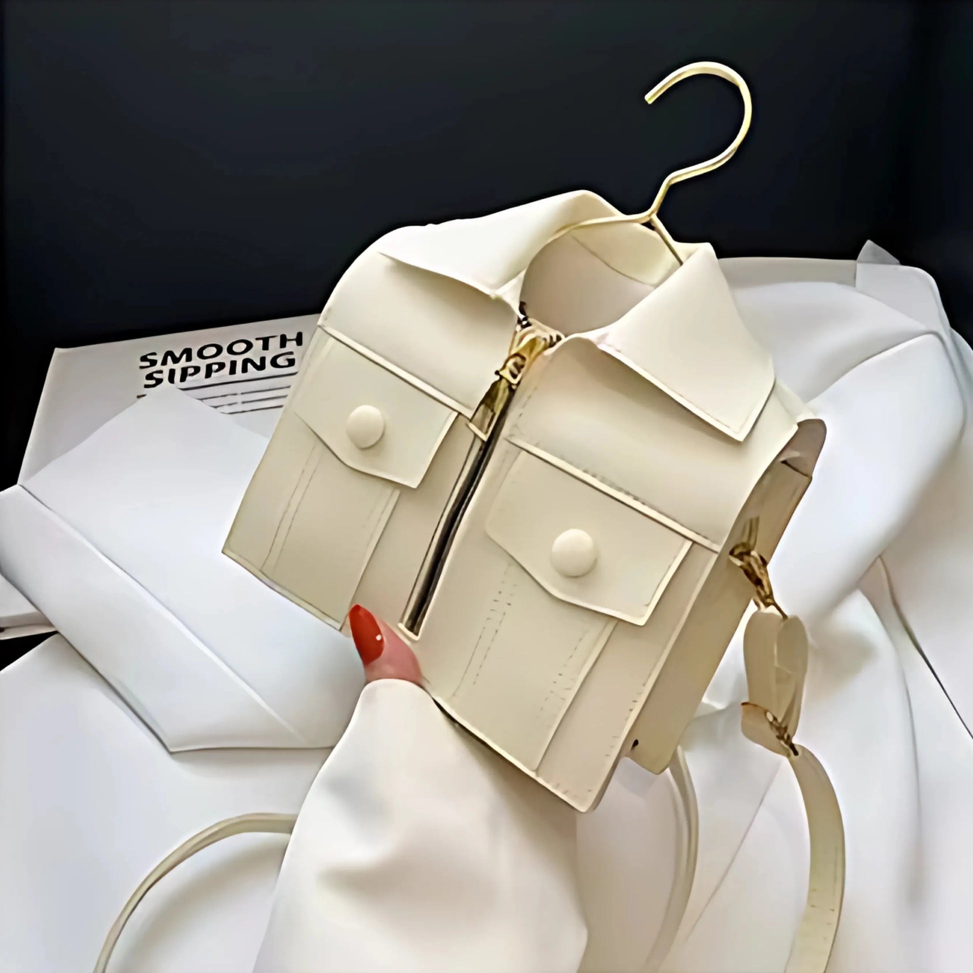 Side view of white Luxury Jacket Style Handbag