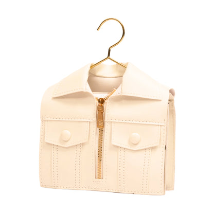 Side view of white Luxury Jacket Style Handbag with tailored pocket details