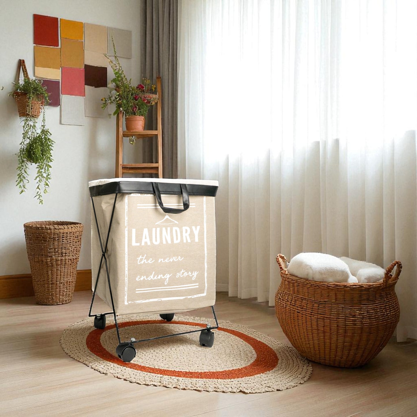 light grey laundry basket on wheels 