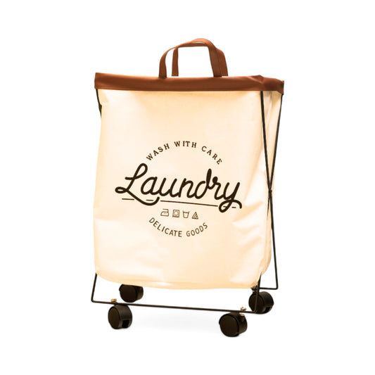 Display of laundry basket with wheels on a white background