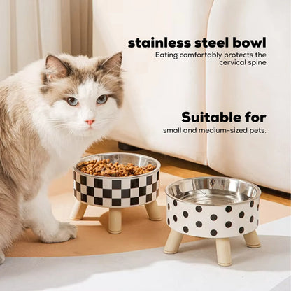 Cat seating near the raised stainless steel pet bowl