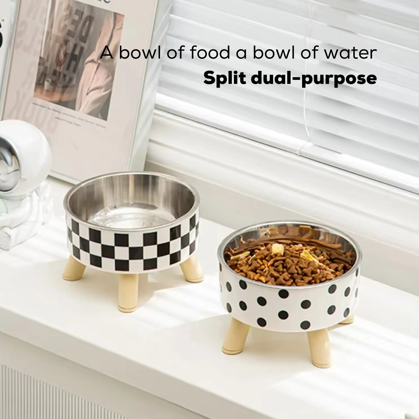 Anti-choke pet bowl with black polka dots print on white background