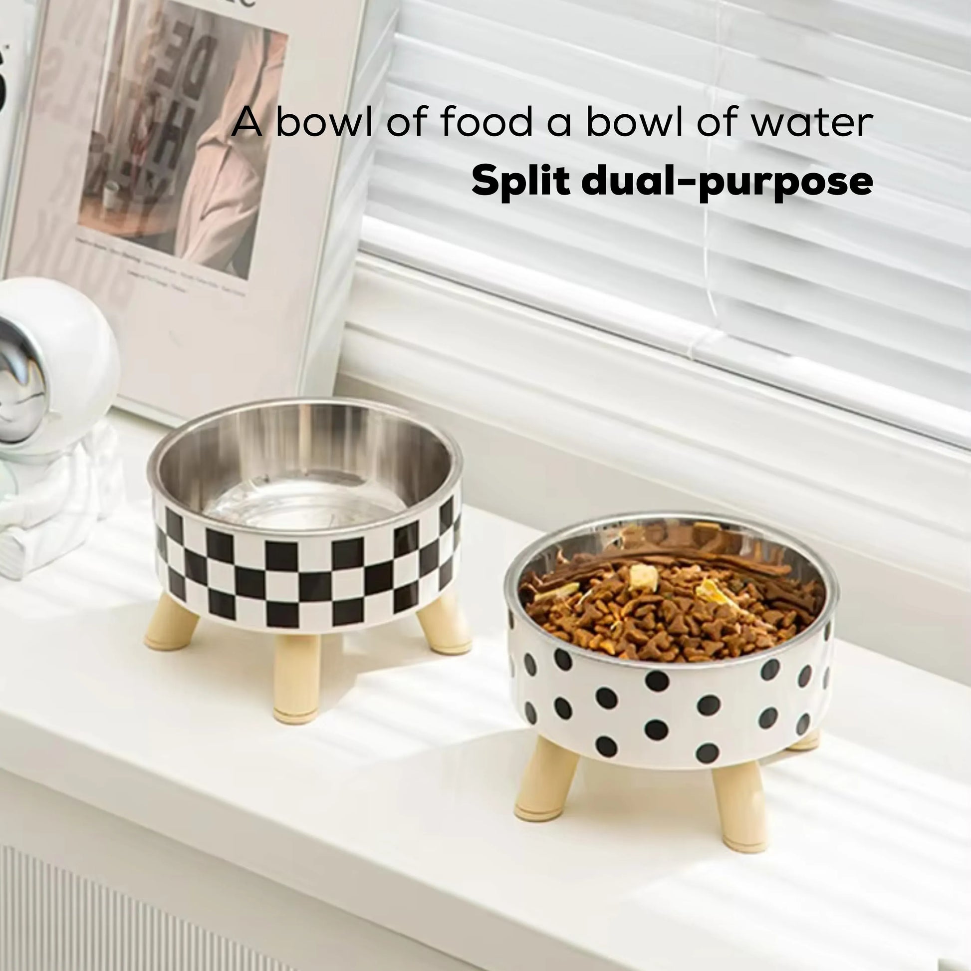 Anti-choke pet bowl with black polka dots print on white background