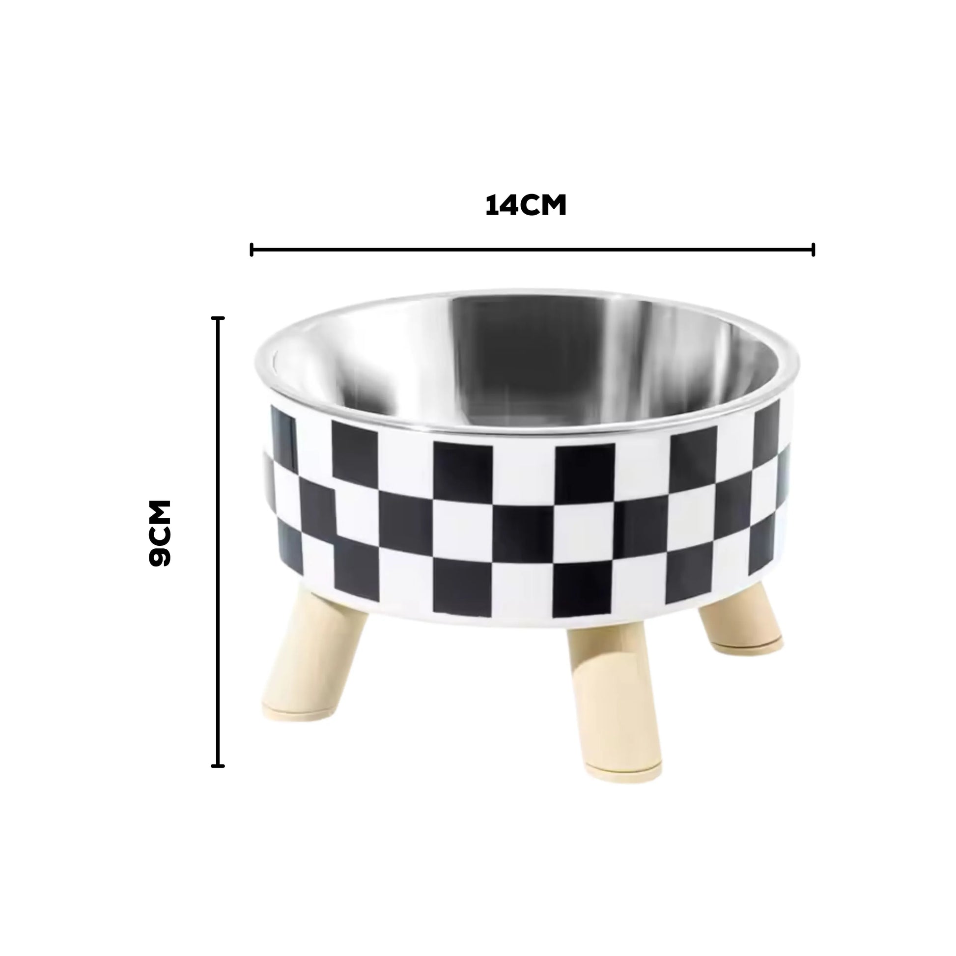 Anti-choke pet bowl with black squares print on white background with measurements